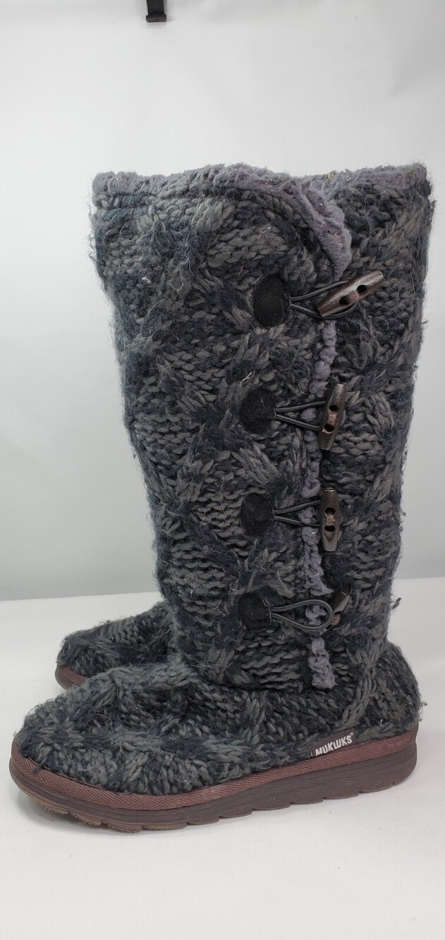 Muk Luks Felicity 7 Gray Toggle Tall Cable Knit Sweater/Sherpa Boots/Slipper Use